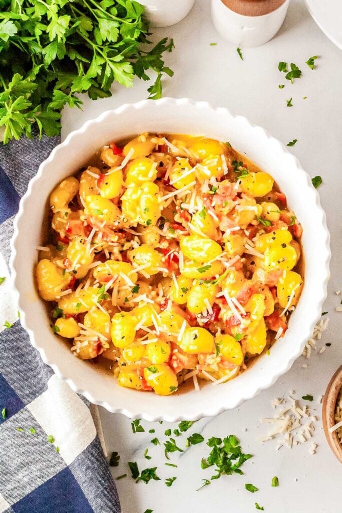Gnocchi carbonara in a bowl.
