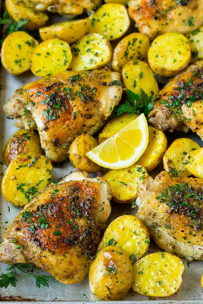 Greek chicken and potatoes on a sheet pan.