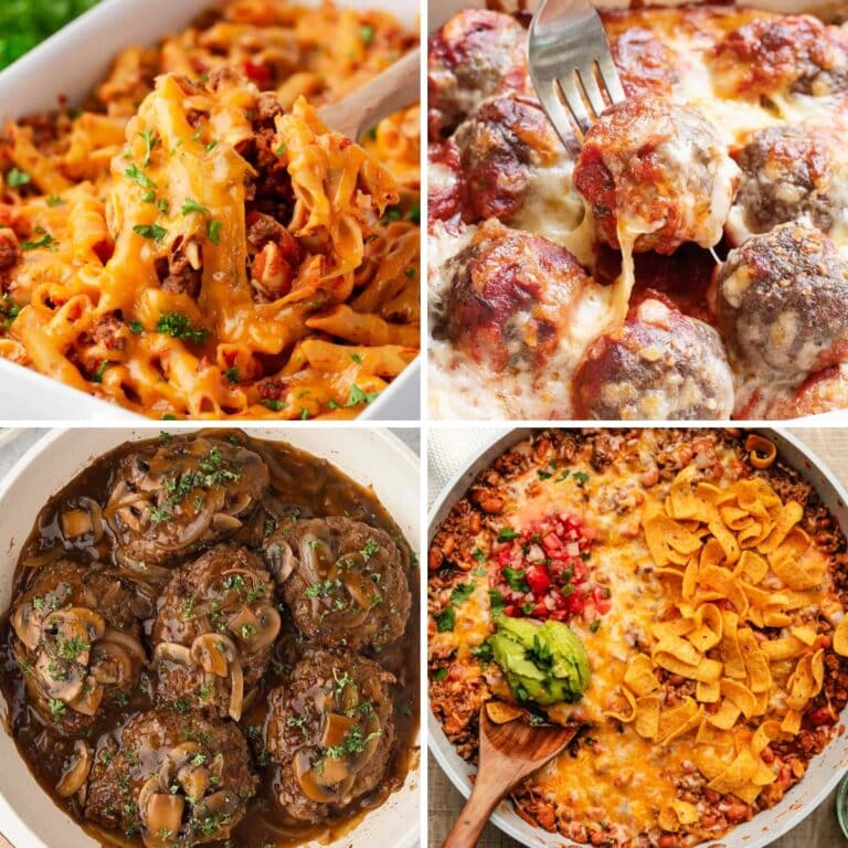 Collage of easy ground beef dinner recipes for family meals.