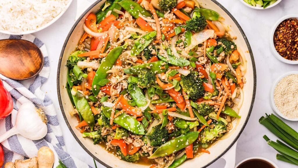 Ground chicken stir fry in a pot.