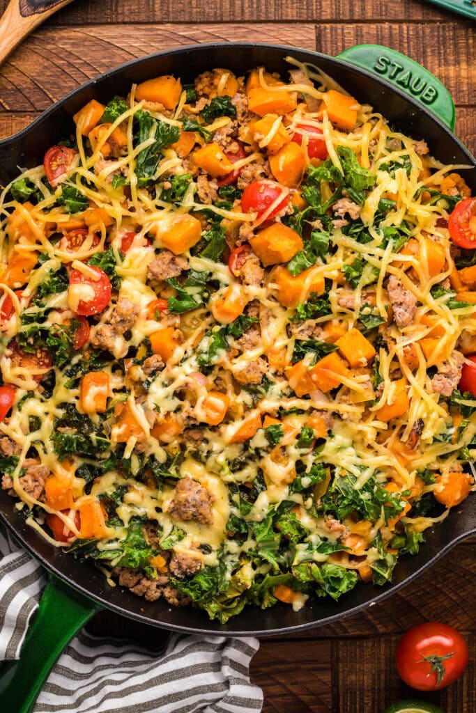 Ground turkey sweet potato kale in a skillet.