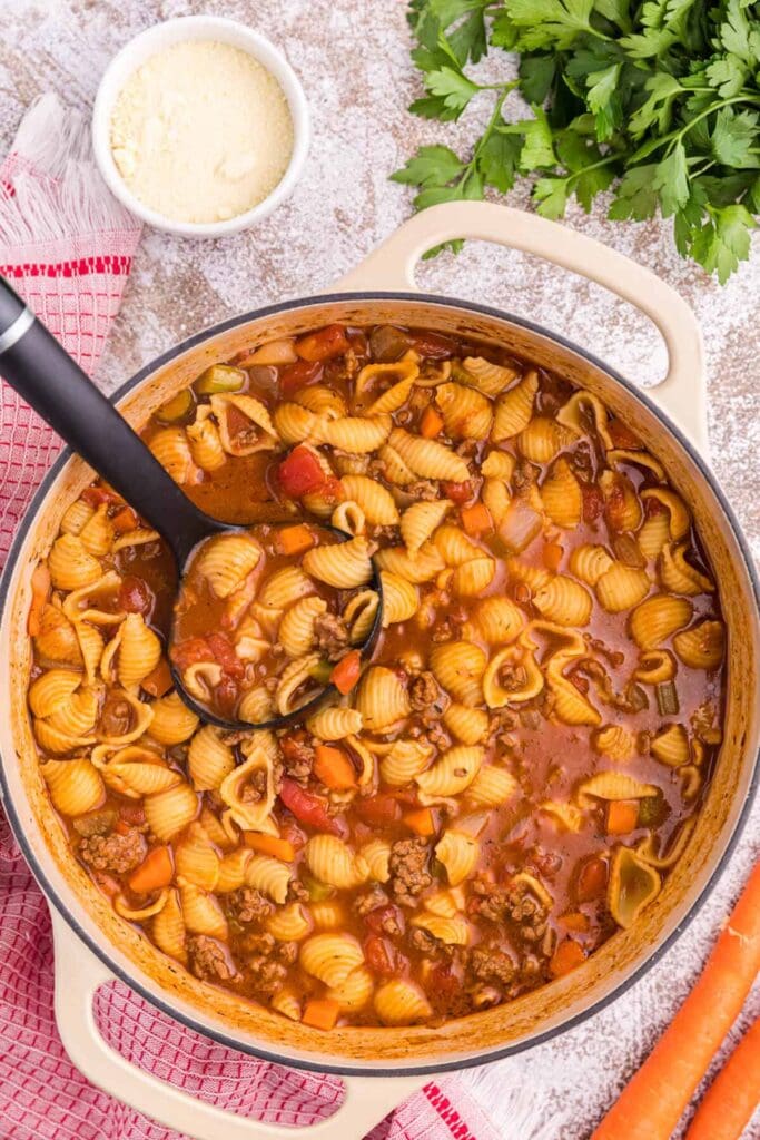 Hamburger soup in a pot.