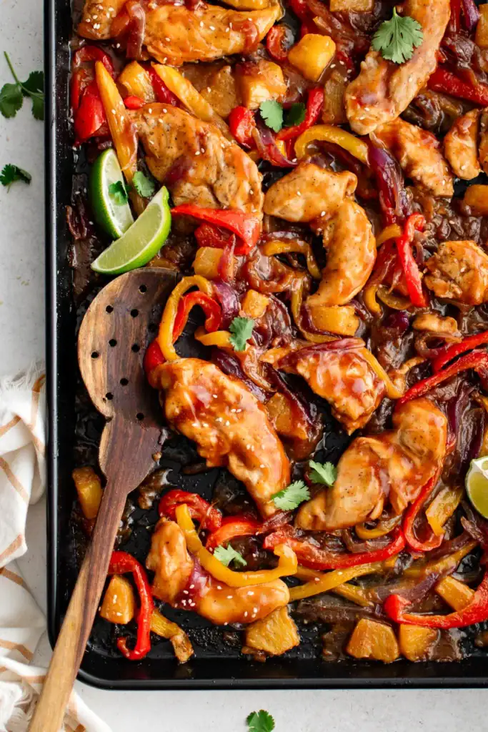 Hawaiian Chicken Sheet Pan on a baking sheet in an overhead view.