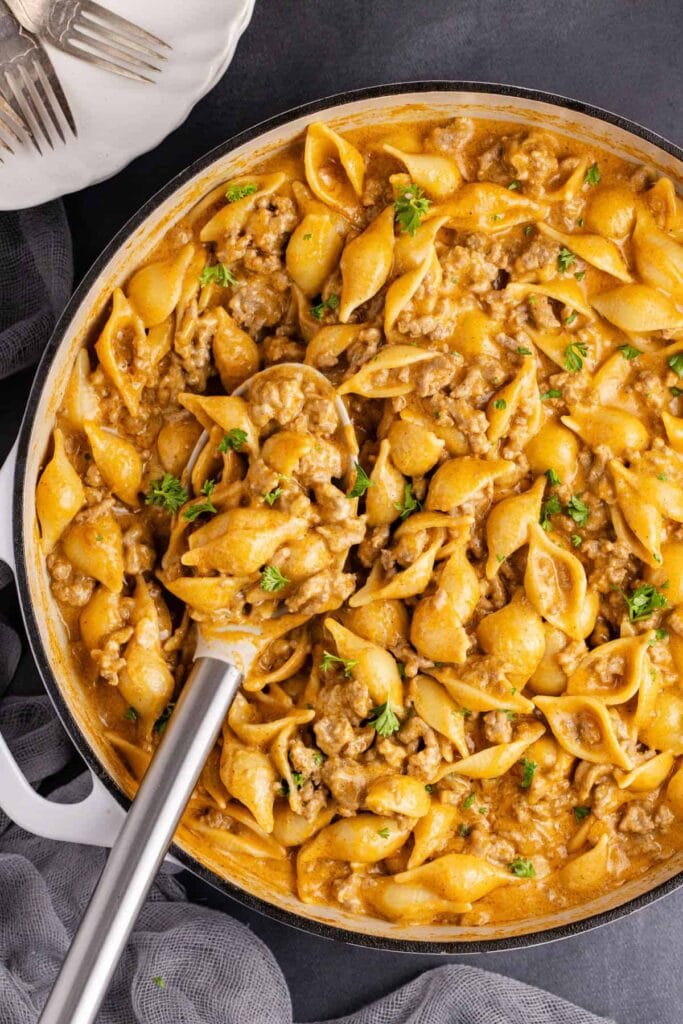 Homemade hamburger helper in a pot.