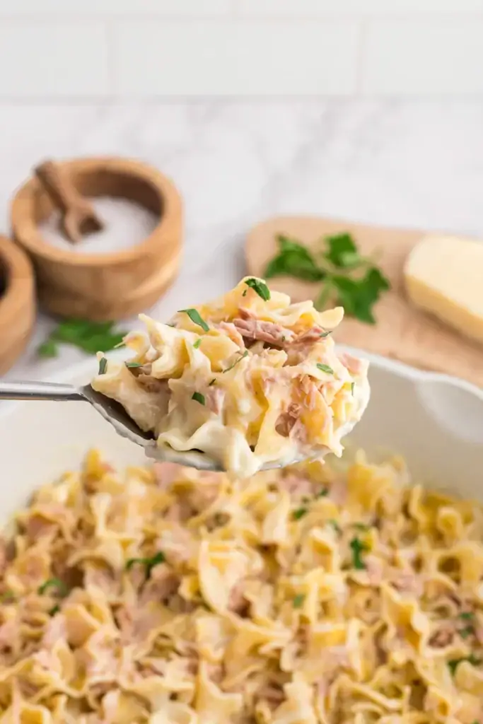 Homemade tuna helper on a spoon.