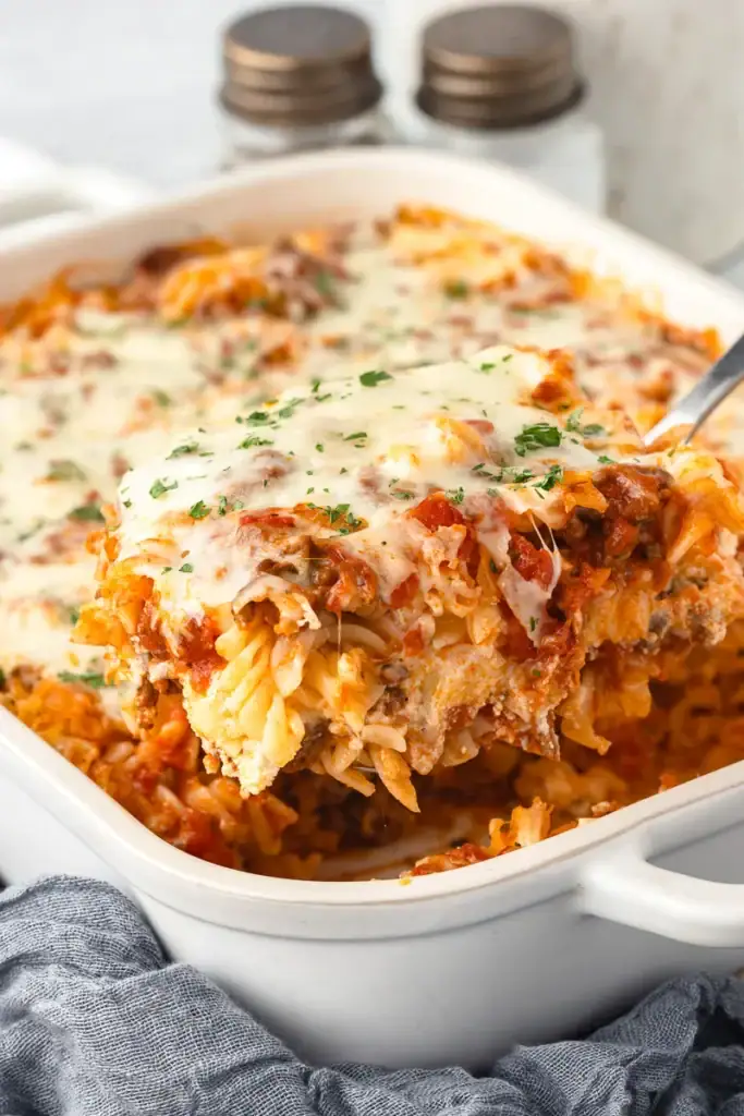 Lasagna casserole in a baking dish.