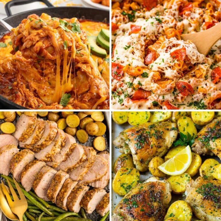 Collage of lazy one pan dinners.