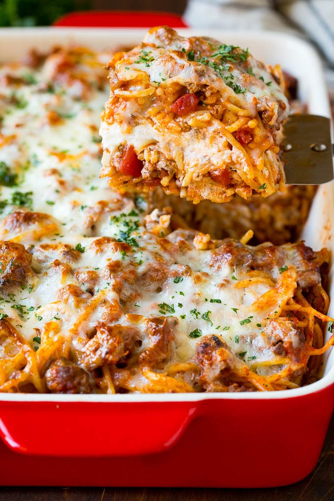 Close-up of Million Dollar Spaghetti on a serving spatula.