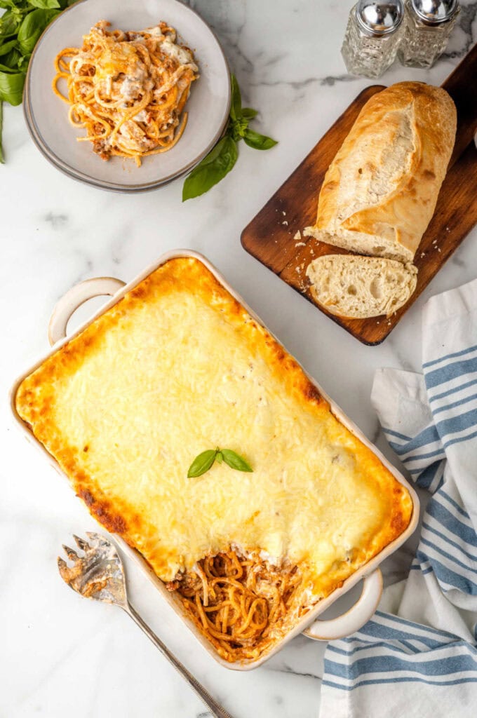 Million dollar spaghetti in a baking dish.