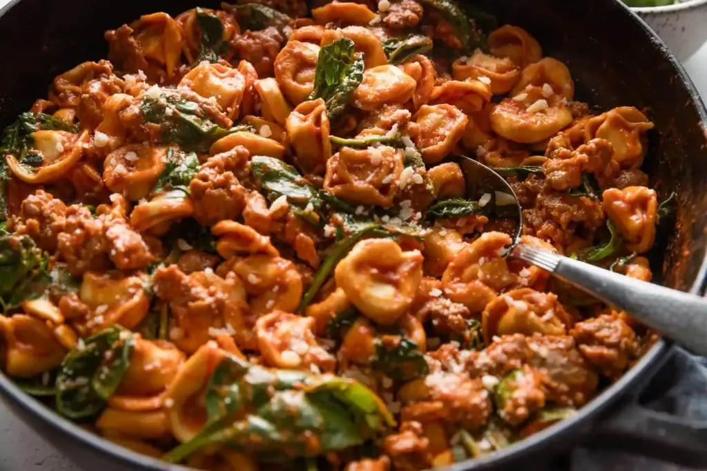 Tomato sausage tortellini in a skillet.