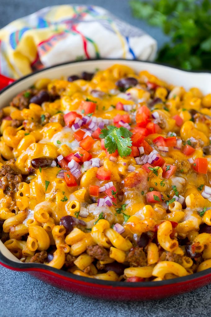 Close-up of one pot chili mac.