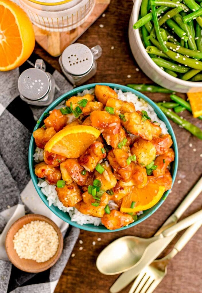 Orange chicken in a bowl.