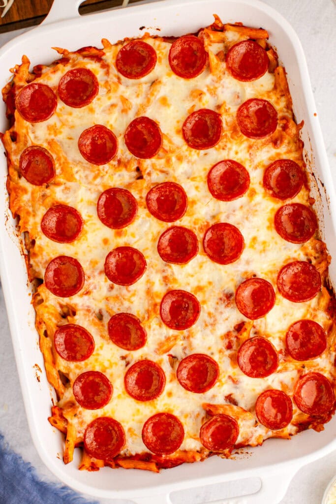 Pepperoni pizza casserole in a baking dish.