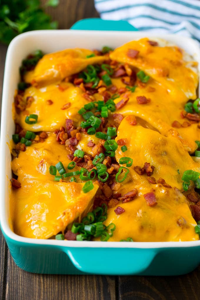 Pierogi casserole in a baking dish.