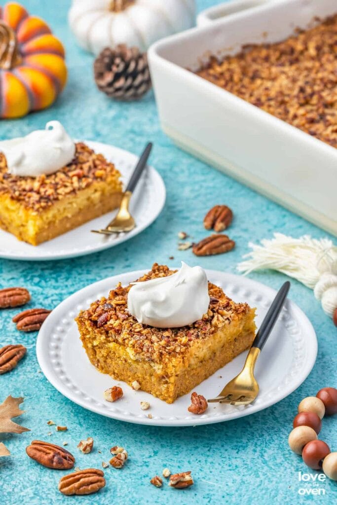Pumpkin crunch cake served on a plate.