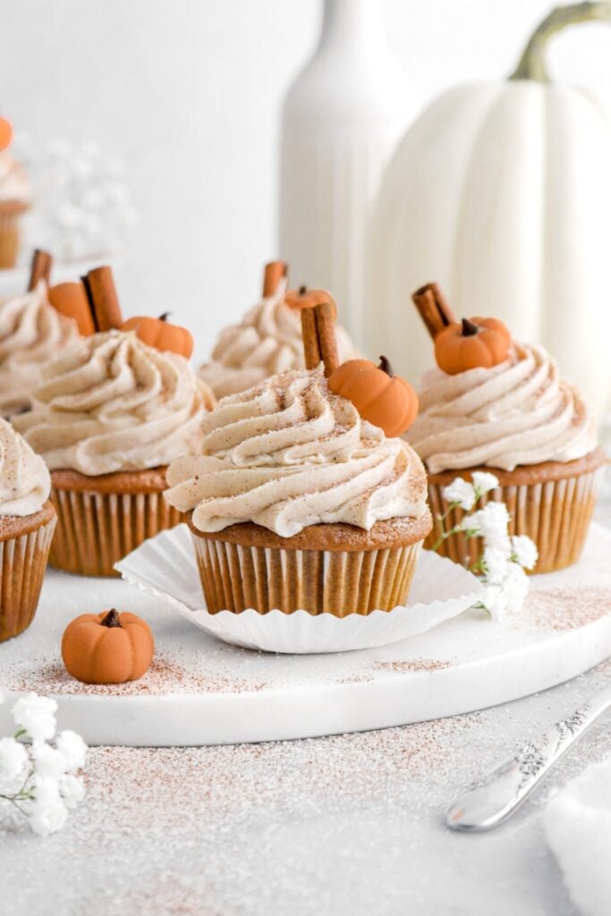 Pumpkin cupcakes on white tray