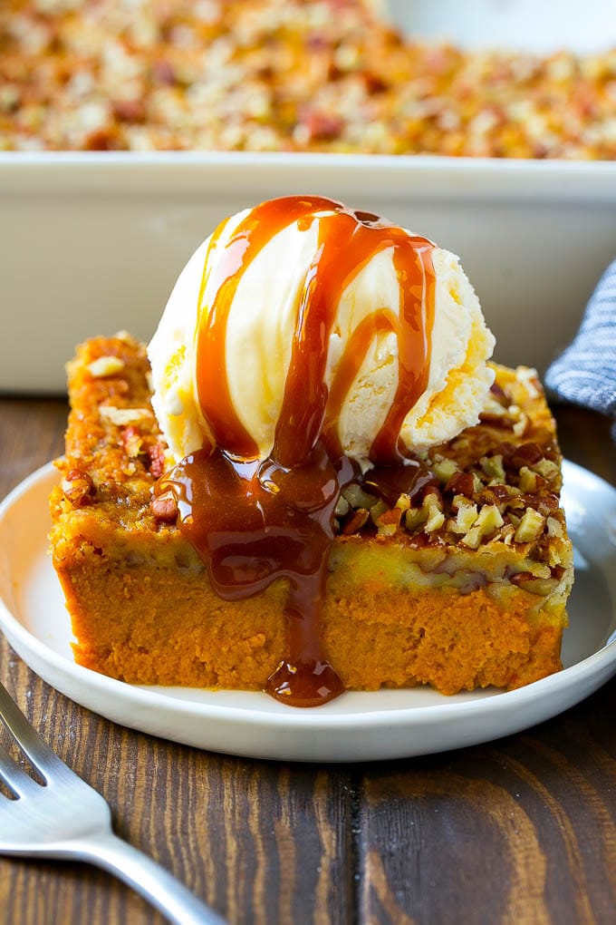Pumpkin dump cake served on a plate.