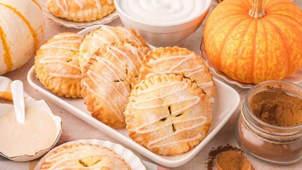 Pumpkin hand pies with maple glaze on a plate.
