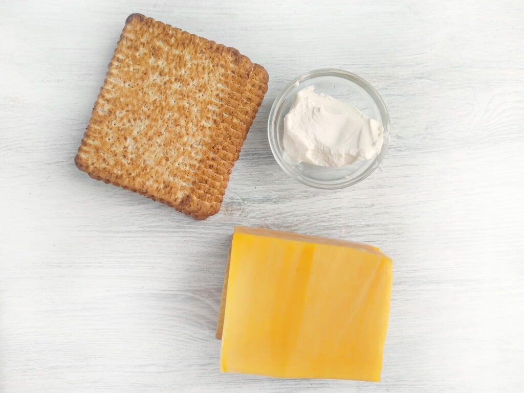 Pumpkin pie cheese and crackers ingredients on a white table.