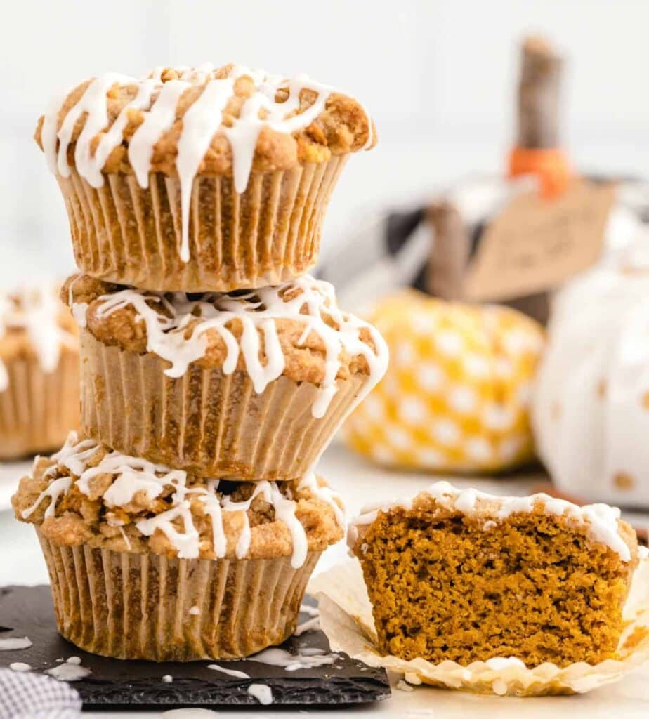 Stack of pumpkin streusel muffins.