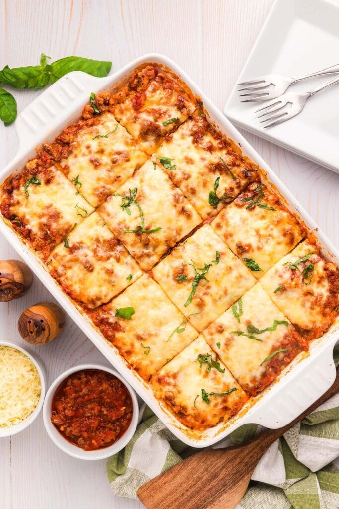 Ravioli lasagna in a baking dish.