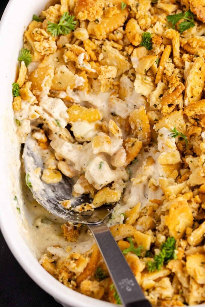 Ritz cracker chicken casserole in a baking dish.