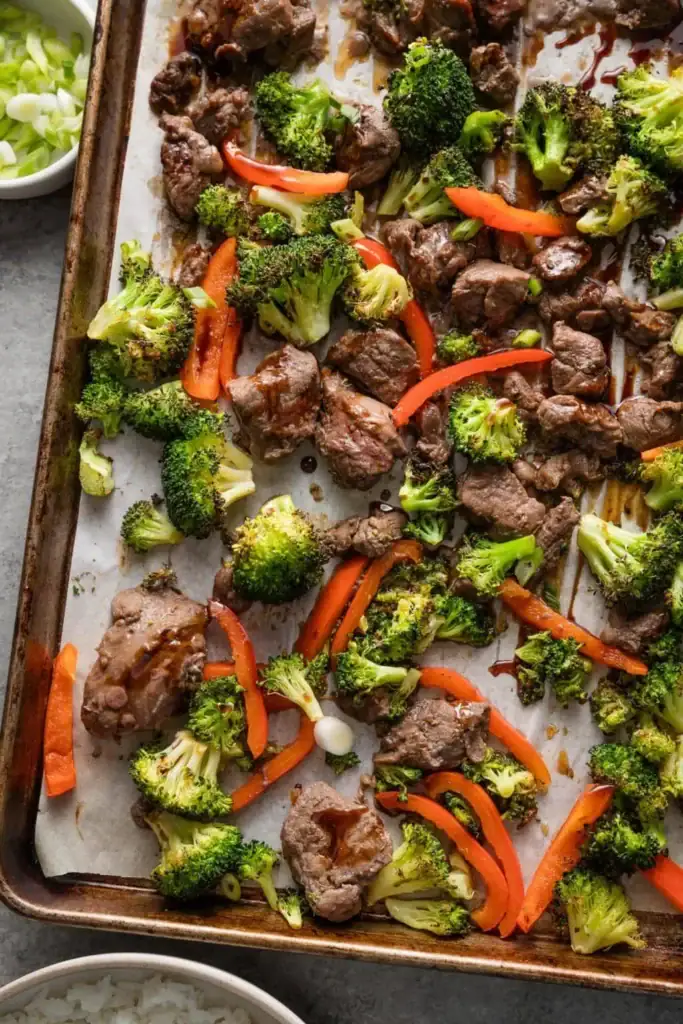 Beef and Broccoli on a baking sheet.