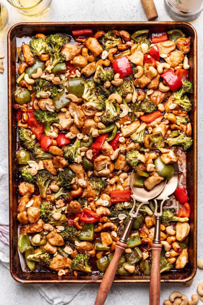 Cashew Chicken on a baking sheet in an overhead view.