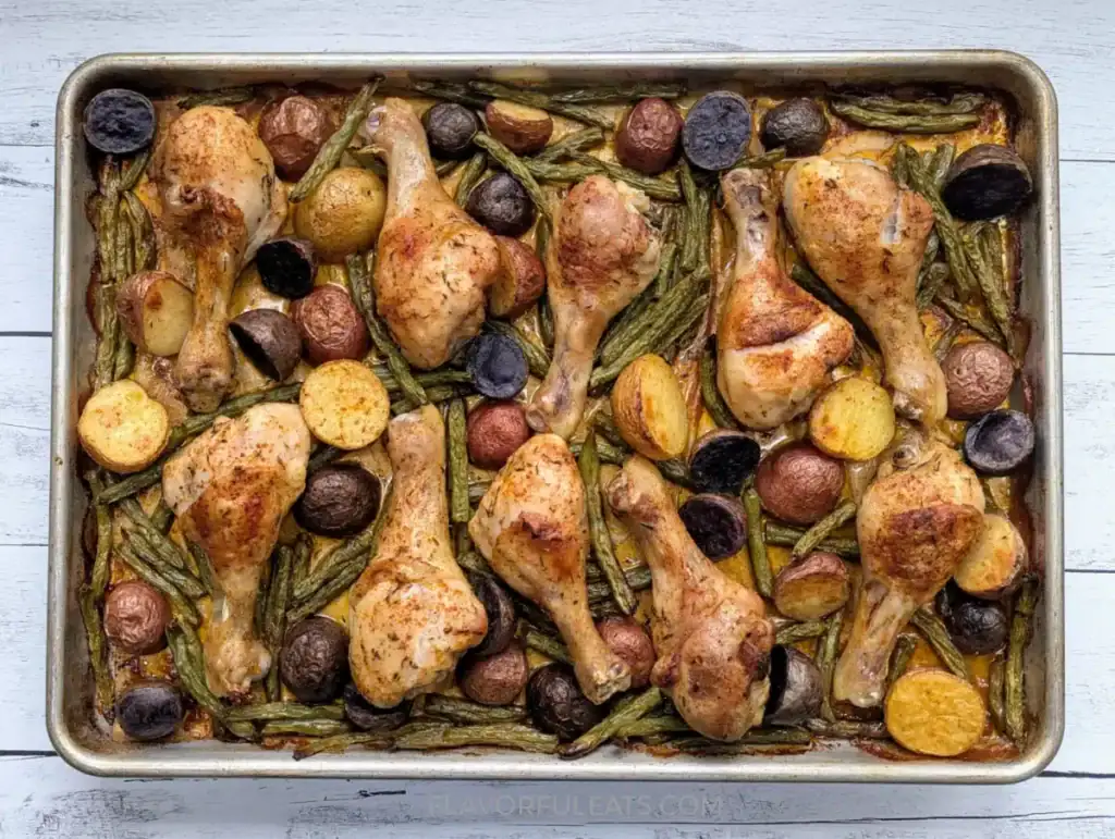 Chicken Drumsticks, Potatoes & Green Beans on a baking sheet.