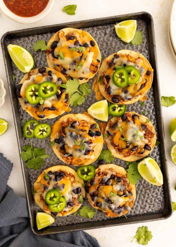 Sheet Pan Chicken Tostadas on a baking sheet.