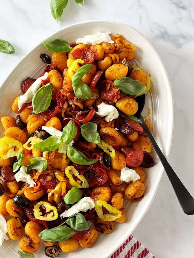 Sheet Pan Pizza Gnocchi in a serving dish.