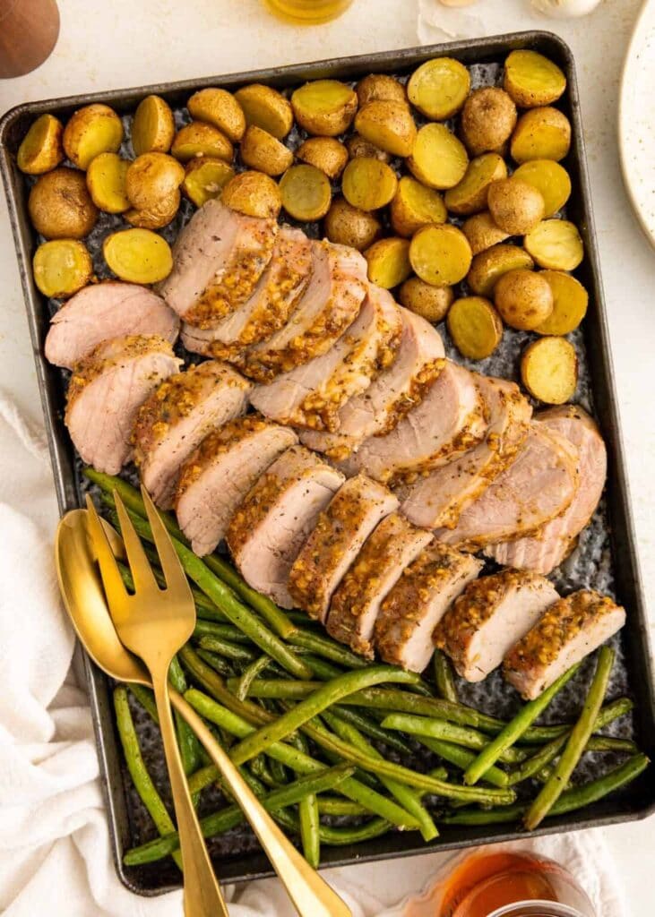 Pork Tenderloin on a baking sheet in an overhead view.