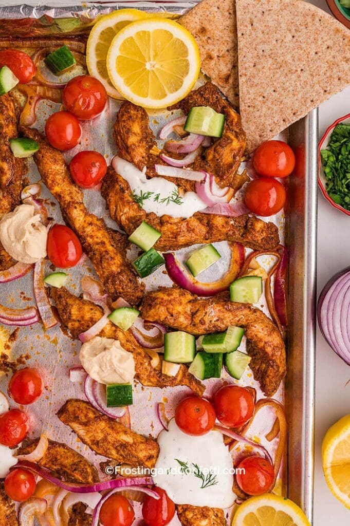 Sheet Pan Shawarma with chicken and vegetables.