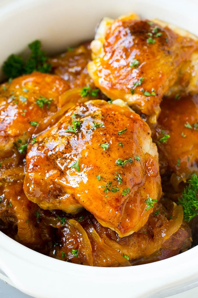Slow cooker apricot chicken in a bowl.