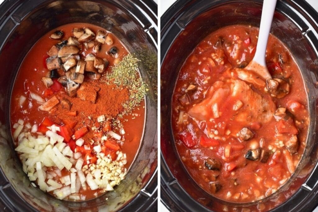 Ingredients for slow cooker chicken cacciatore in a crockpot.