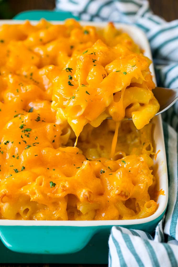 Southern mac and cheese in a baking dish.