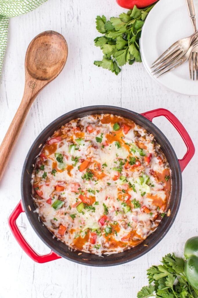 Stuffed pepper casserole in a skillet.