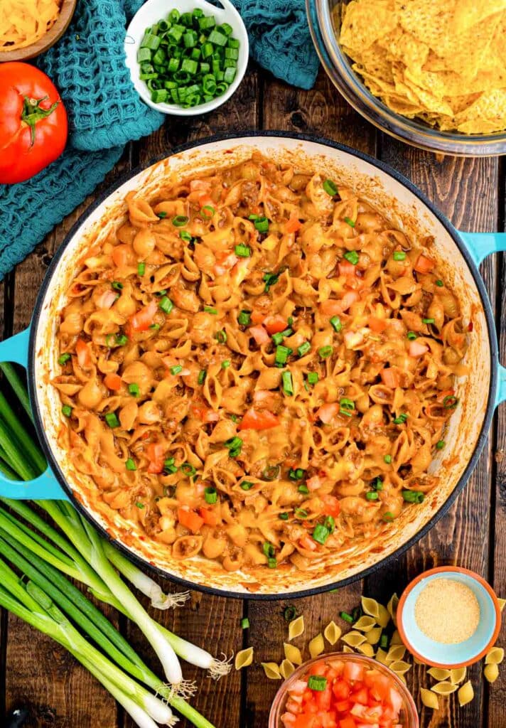 Taco mac and cheese in a pot.