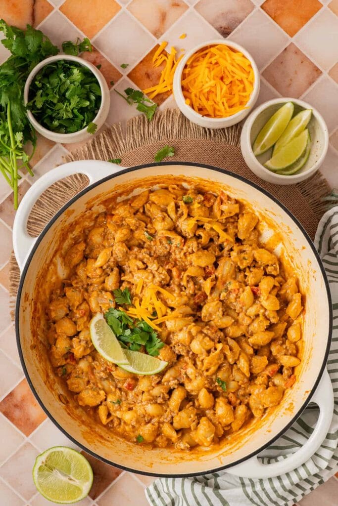 Taco pasta in a skillet.