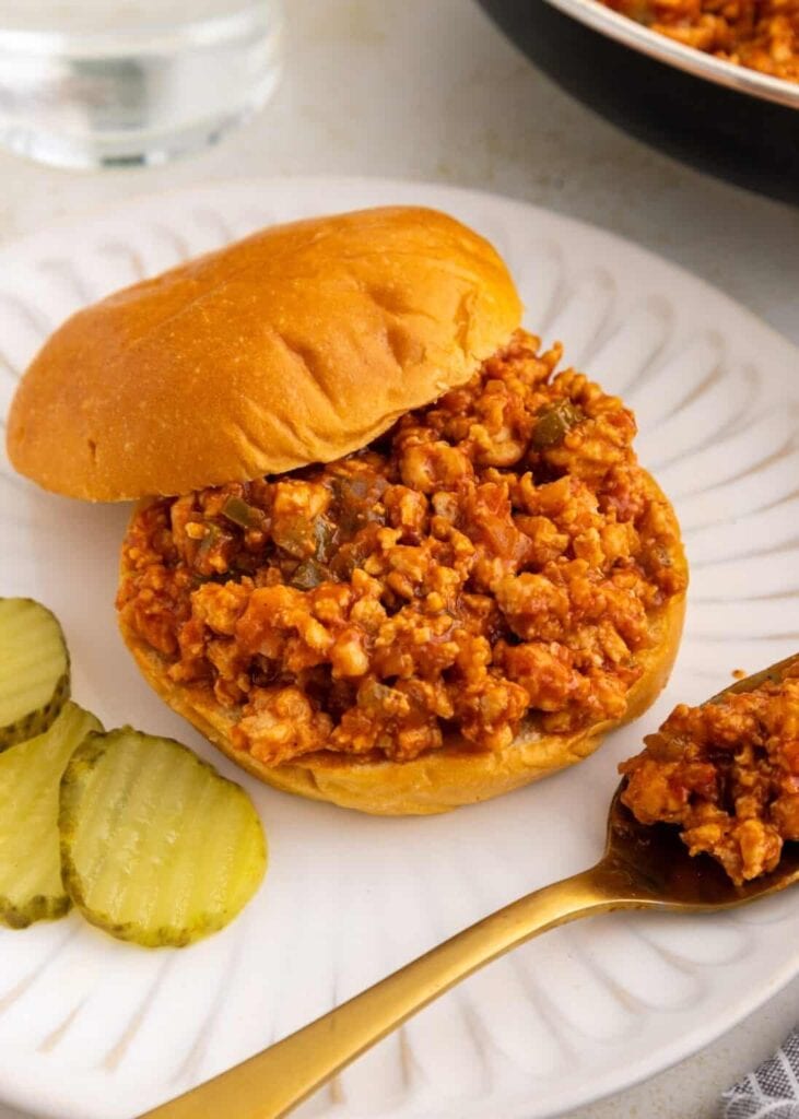 Turkey sloppy Joes served on a plate.