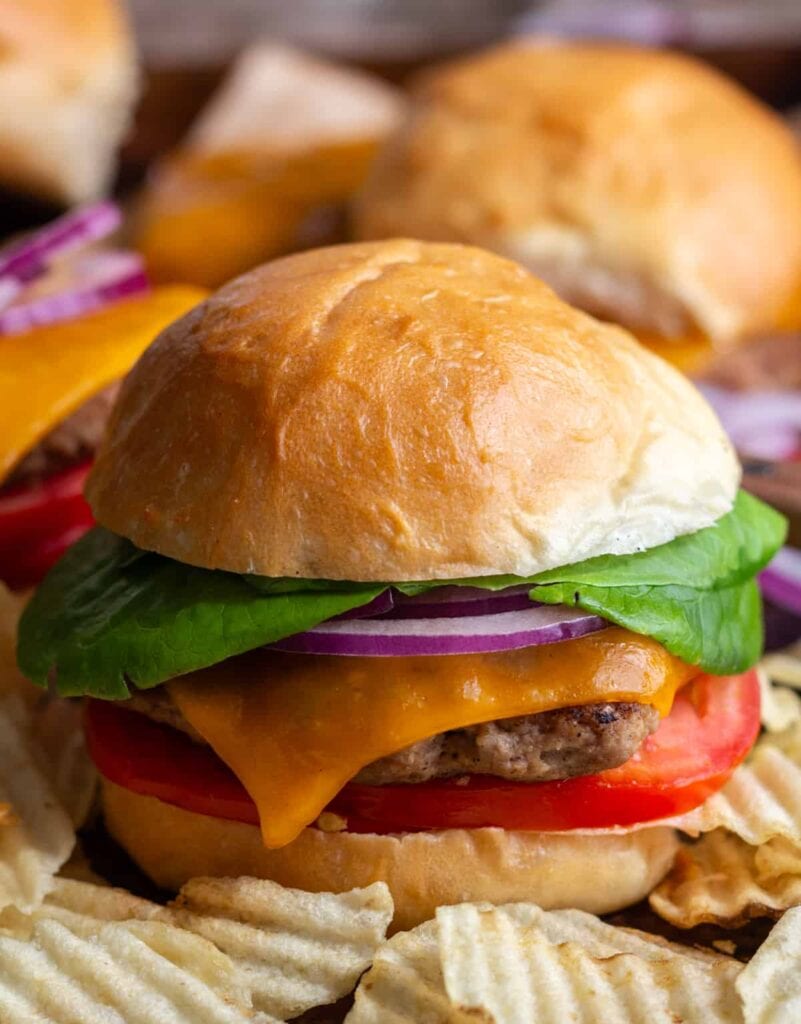 Close-up of a turkey smash burger.