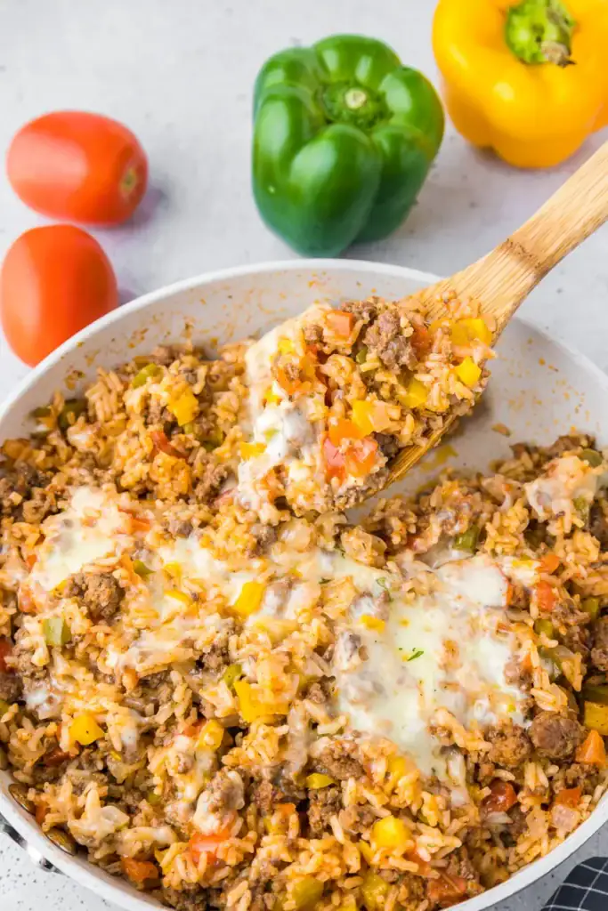 Unstuffed pepper skillet with melted cheese.