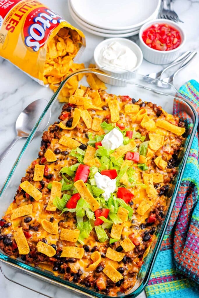 Walking taco casserole in a baking dish.