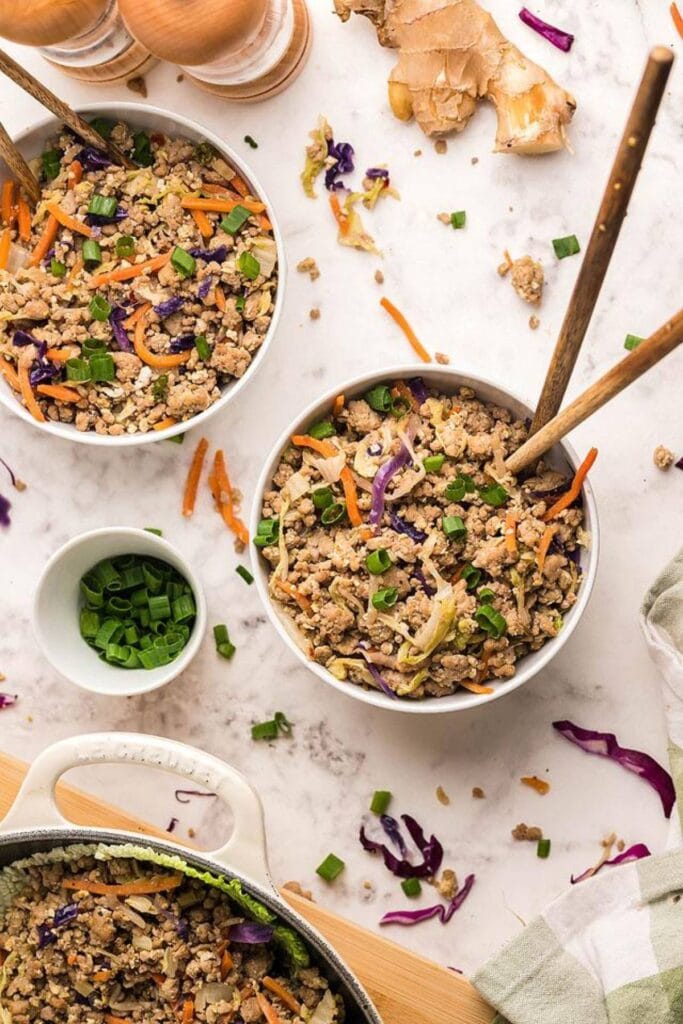 Pork egg roll in a bowl.