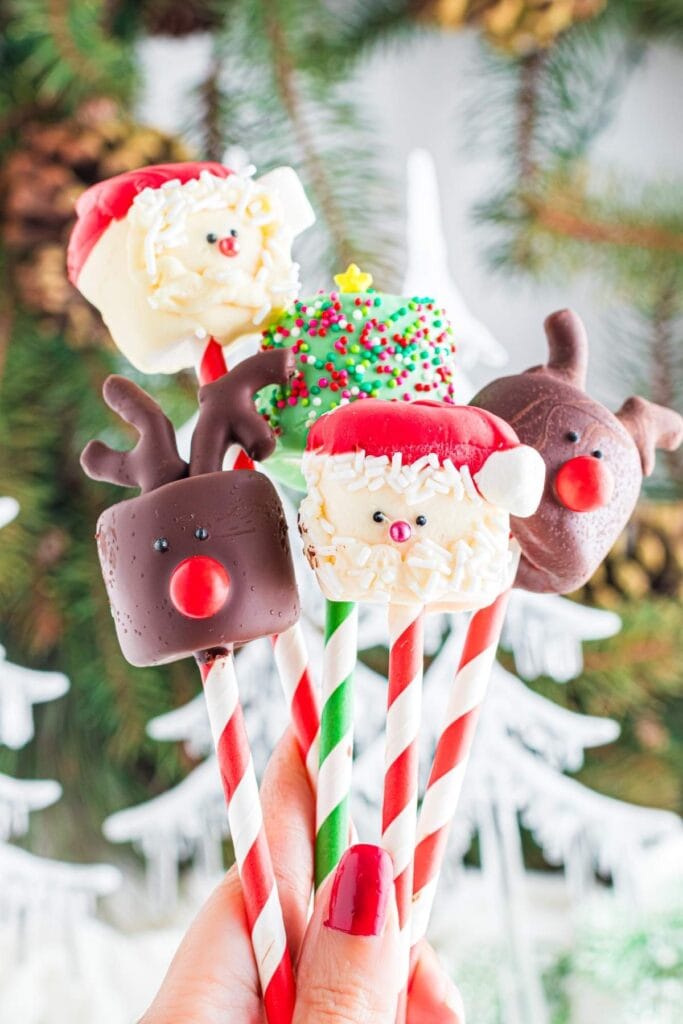 Hand holding five decorated marshmallow pops on striped straws—two reindeer with chocolate coating and red noses, two Santa faces with icing hats, and one Christmas tree with sprinkles and star—set against blurred evergreen background.