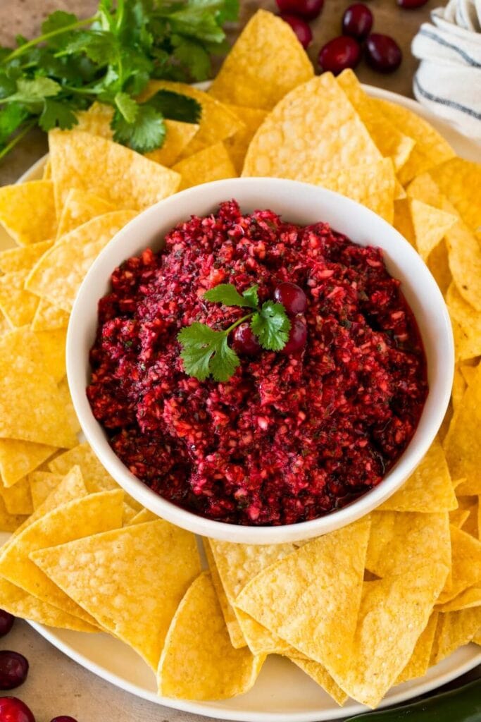 Bowl of cranberry salsa with cilantro garnish, surrounded by yellow tortilla chips and scattered cranberries.