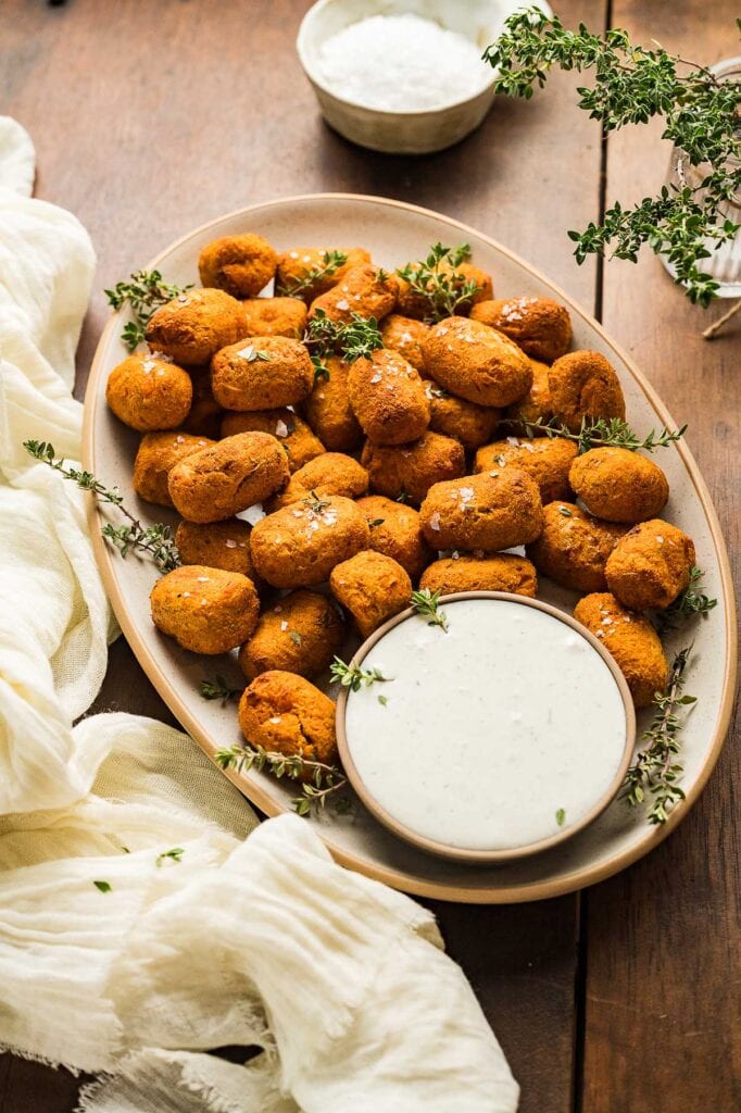 Air fryer sweet potato tater tots on a plate.
