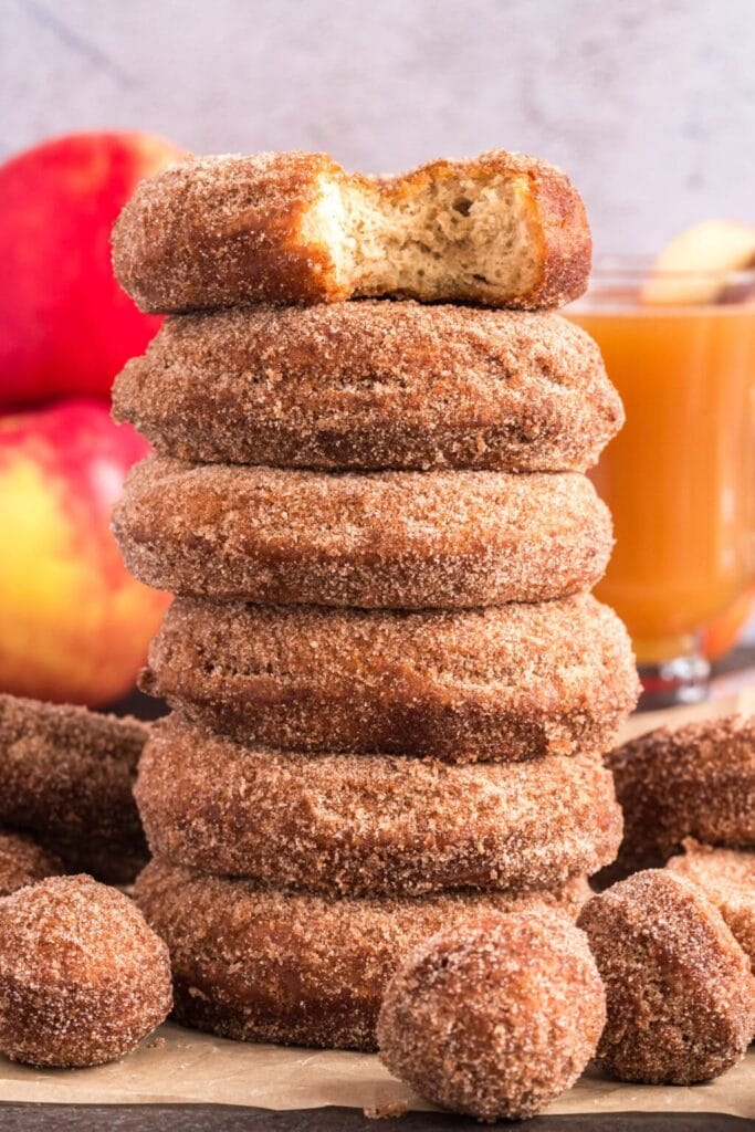 Stack of apple cider doughnuts.