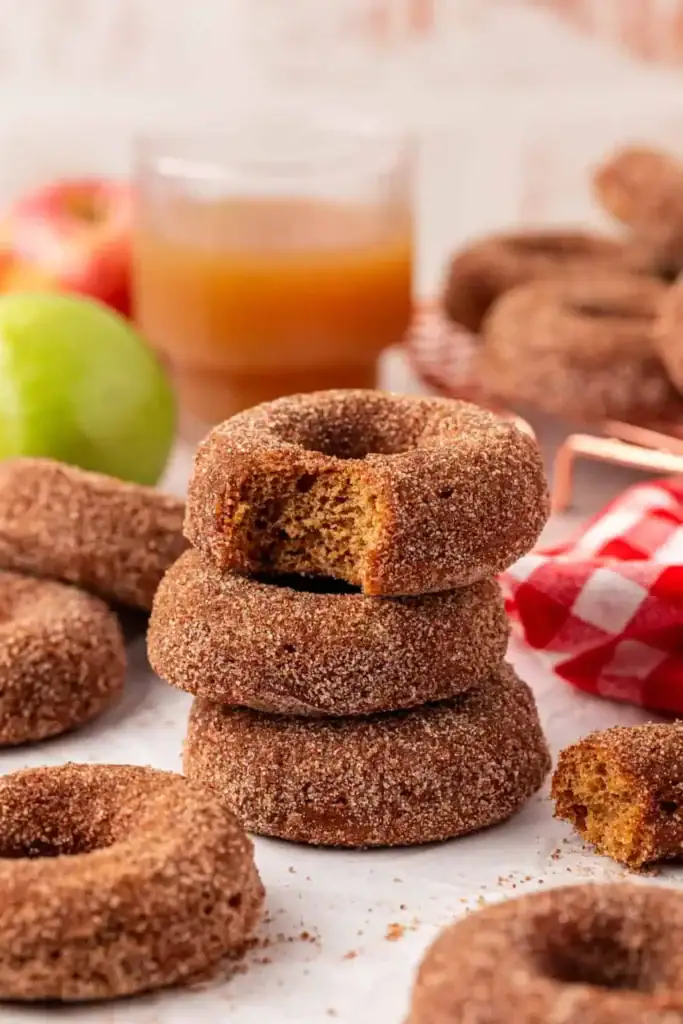Stack of apple cider doughnuts.