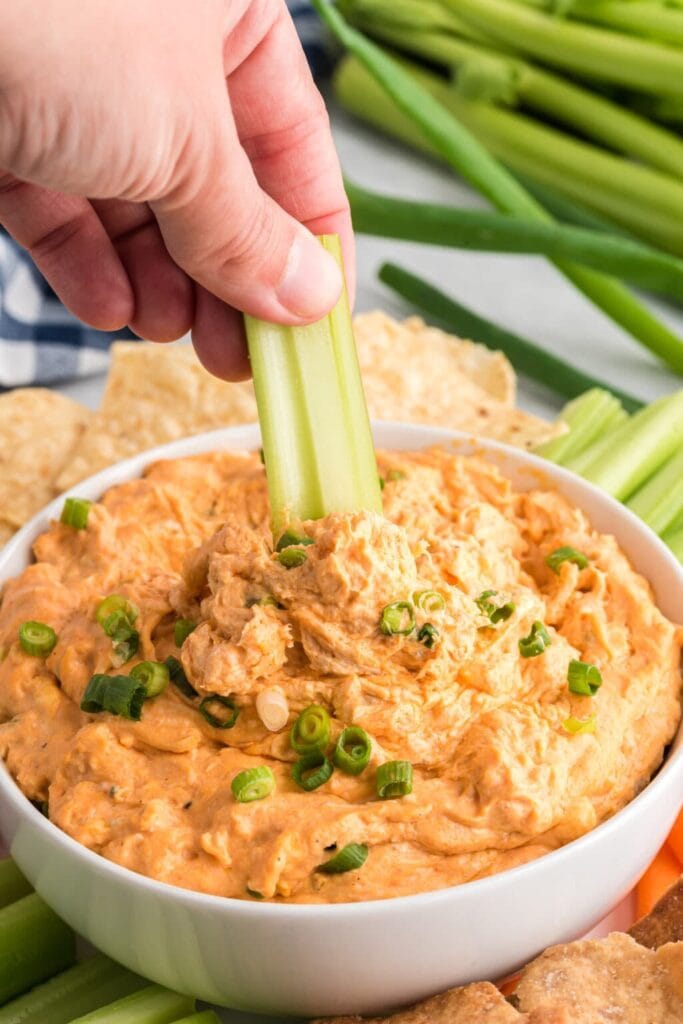 Buffalo chicken dip in a bowl.